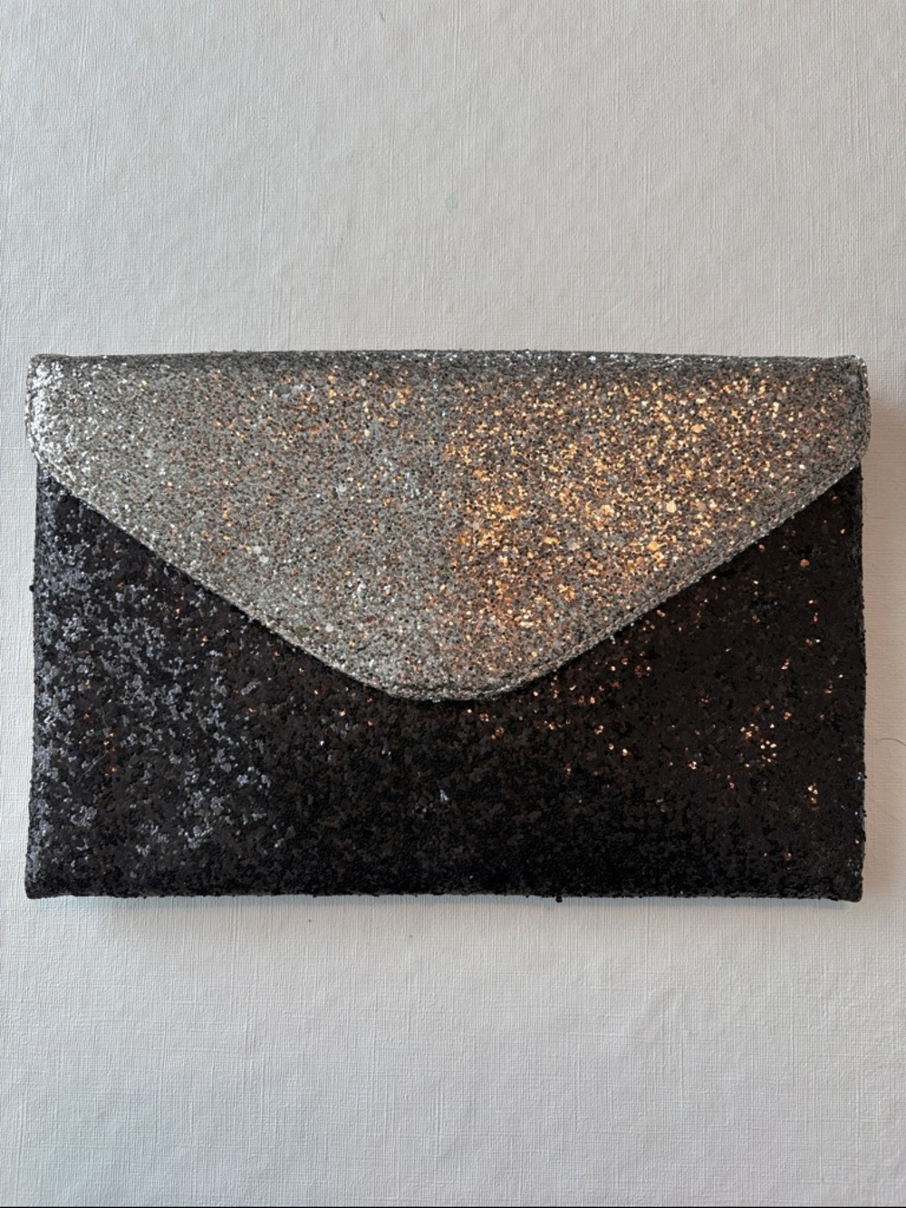 J. Crew Silver and Black Glitter Envelope Clutch